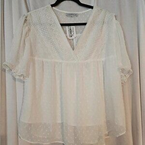 Miss Sparking White Summer Swiss Dot Sheer White Boho Blouse NWT XL